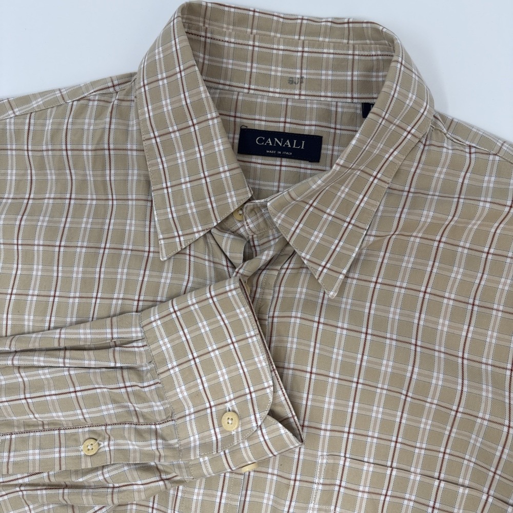 Canali Long Sleeve Button‎ Shirt Men's Large Beige Plaid Made in Italy